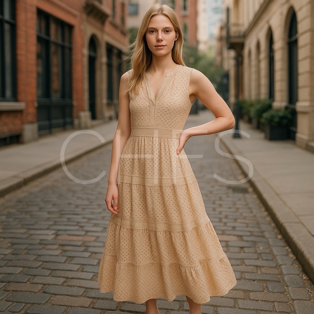 CHOKLATE Paris Dotted Tulle Maxi Dress Cream/Black Ruffle Sleeve Tier Size Small